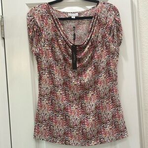 Tahari ASL Abstract Multicolor Cap Sleeve Silky Drape Neck‎ Top Sz M- NWT